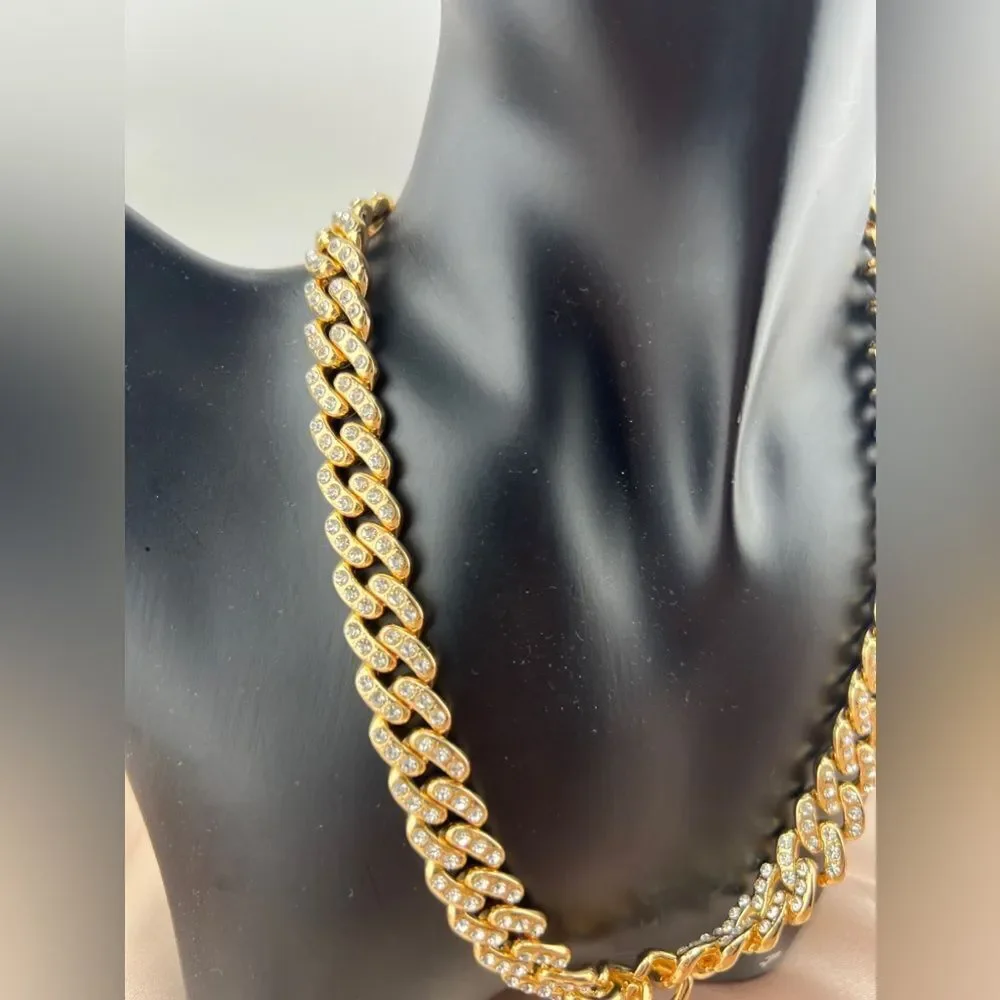 Gold-Tone Cuban Link Chain Necklace with Rhinestones